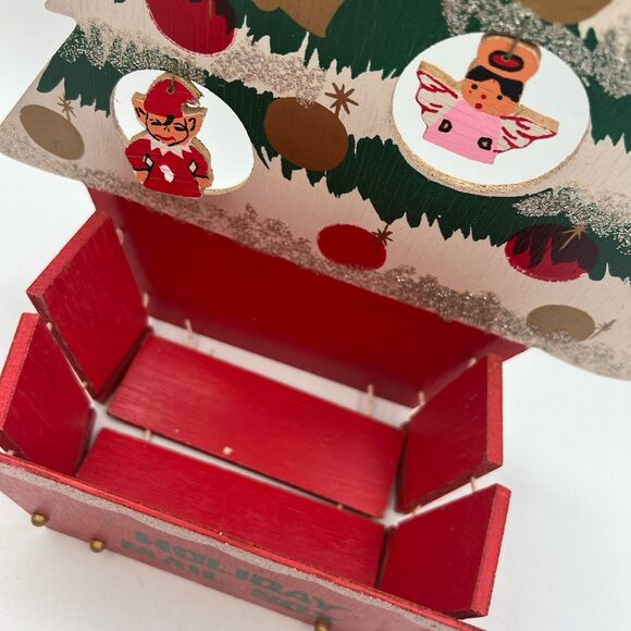 Vtg Wood Christmas Tree Card Holder Holiday Mail Box Kitsch Japan 14" Elf Santa - Picture 5 of 9